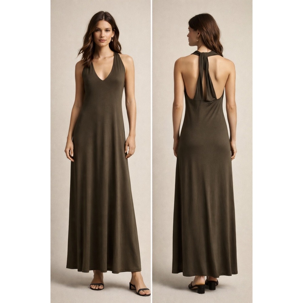 NWT Massimo Dutti Olive Green Lyocell Halter Maxi Dress Twisted Back XS